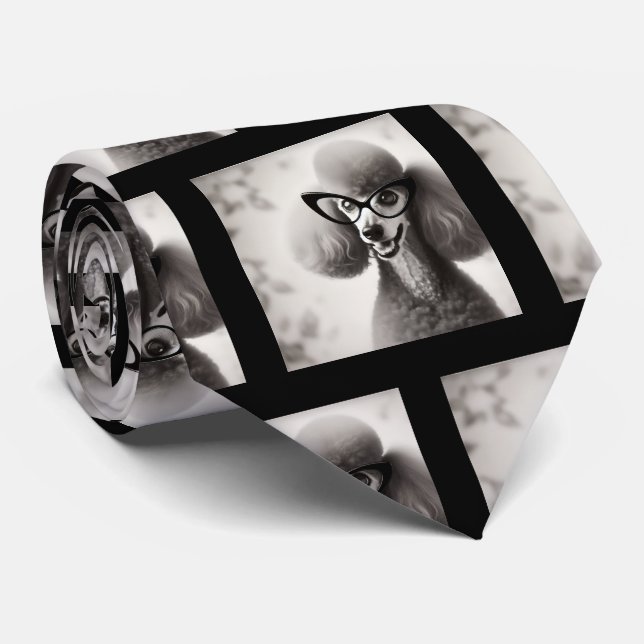 Funny Poodle with Glasses Nerd Neck Tie (Rolled)