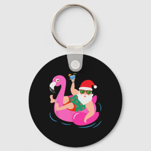 Funny Pool Party Santa Sungles Flamingo Christmas Key Ring