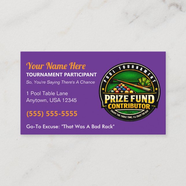 Funny Pool Tournament Prize Fund Contributor Gag Calling Card (Front)