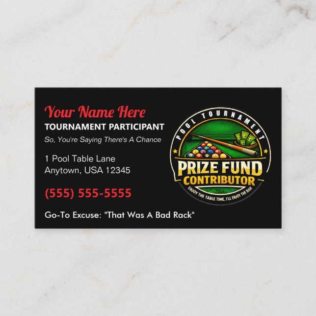 Funny Pool Tournament Prize Fund Contributor Gag Calling Card (Front)