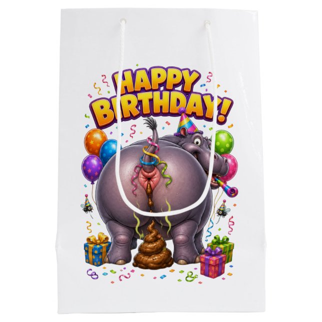Funny Pooping Hippo Happy Birthday Gift Bag (Back)