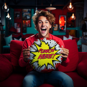 Funny Pop Art “Punch Here”  Round Cushion
