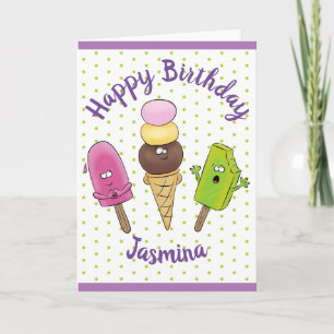 Funny popsicles and icecream cartoon illustration card