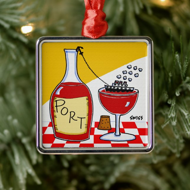 Funny Port Wine Cartoon Christmas Metal Ornament (Tree)
