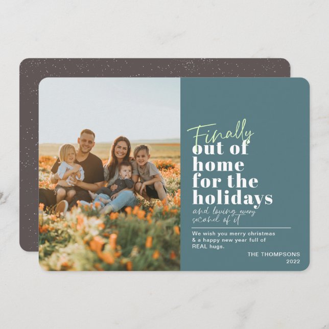 Funny Post Covid Finally Out Of Home Green Photo Holiday Card (Front/Back)