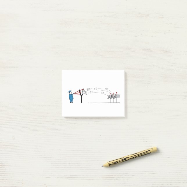 Funny Postman Cartoon – Mail Delivery with a Sling Post-it Notes (On Desk)