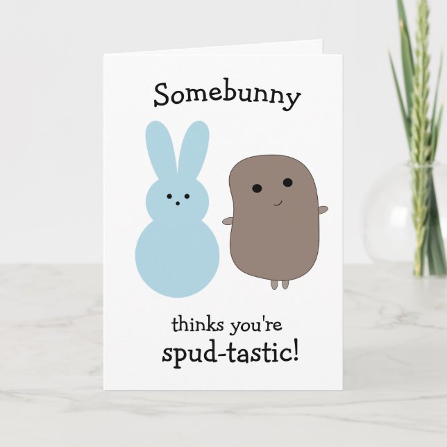 Funny Potato Blue Bunny Easter Card (Front)
