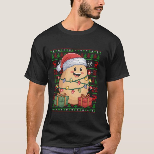 Funny Potato Xmas Lights Ugly Santa Hat Potato Chr T-Shirt (Front)
