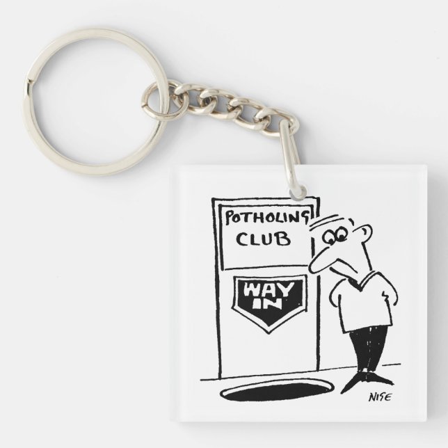 Funny Potholing Club Entrance in the Floor Cartoon Key Ring (Front)