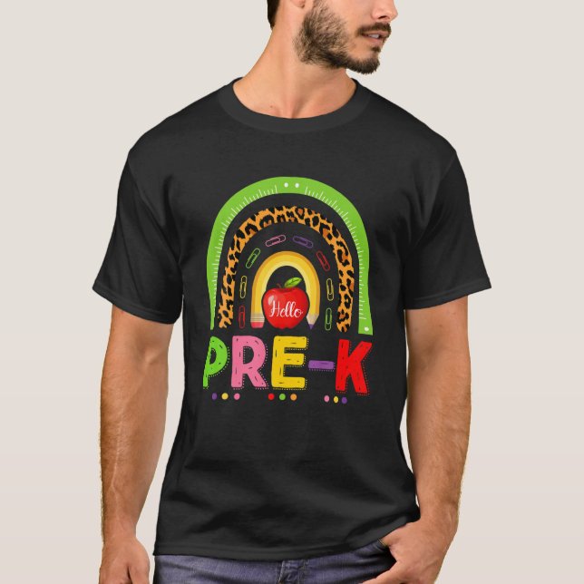 Funny Pre-K Leopard Rainbow Hello Back To School T T-Shirt (Front)