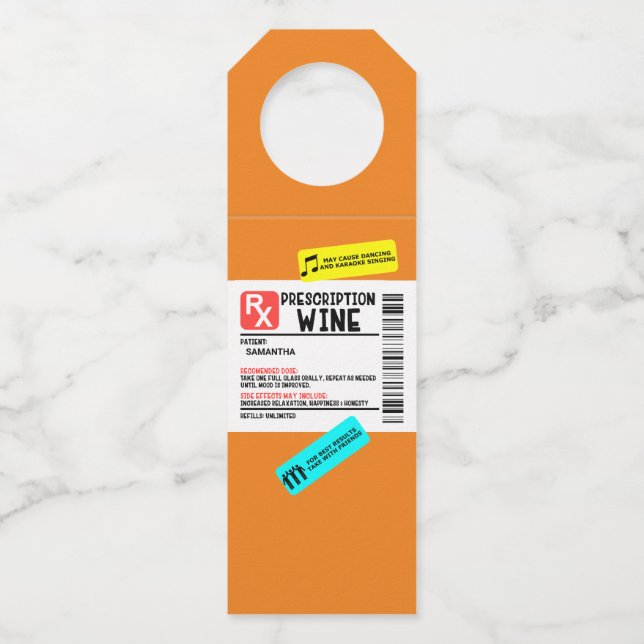 Funny Prescription Wine Warning Label Personalised Bottle Tag (Front)