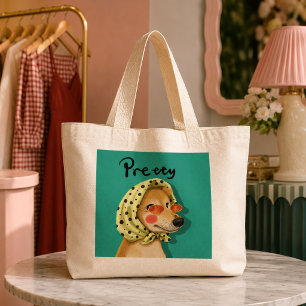 Funny Pretty Dog in Retro Babushka Headscarf Large Tote Bag