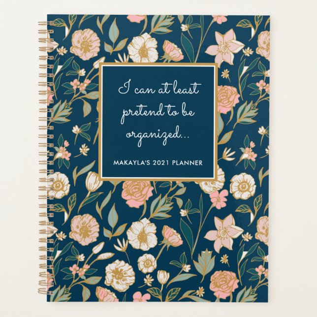 Funny Pretty Gold Floral Pattern Name Navy Planner (Front)