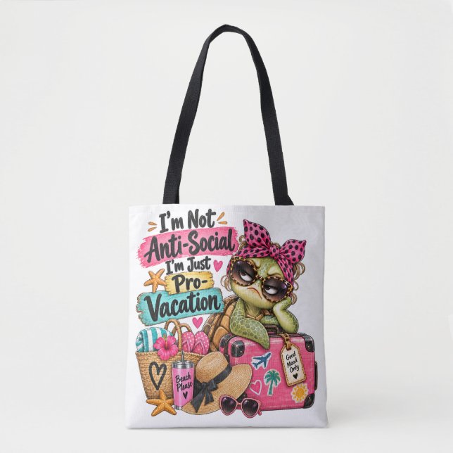 Funny Pro-Vacation Cute Turtle Beach Tote Bag (Front)