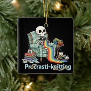 Funny Procrasti-knitting Skeleton and Cat with Ceramic Ornament