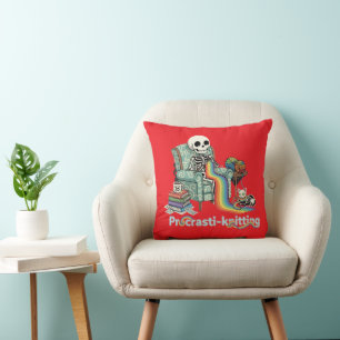  Funny Procrasti-knitting Skeleton and Cat with  Cushion