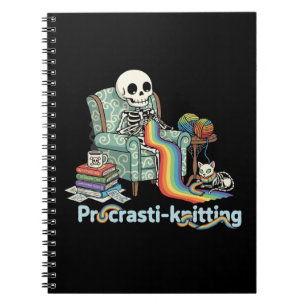  Funny Procrasti-knitting Skeleton and Cat with  Notebook