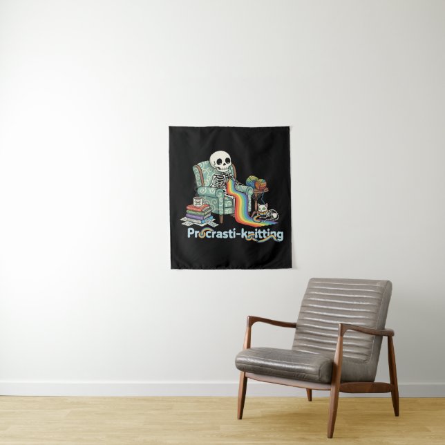  Funny Procrasti-knitting Skeleton and Cat with  Tapestry (In Situ)