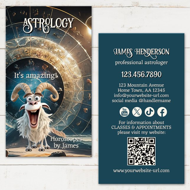 Funny Professional Astrologer Business Card (Professional astrologer business card showing a funny design with an Aries - QR code - social media)