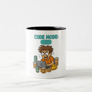 Funny Programmer Cartoon with "Code Mode: ON"  Two-Tone Coffee Mug