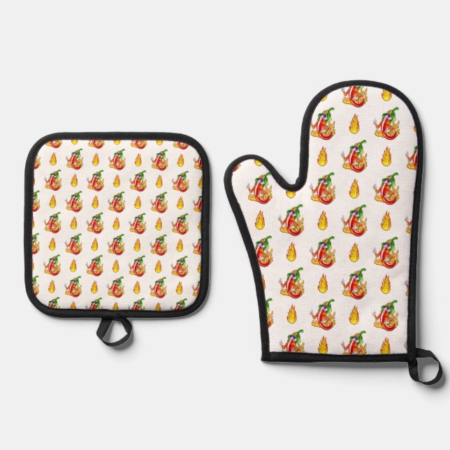 Funny Proud Firefighter Chilli On Fire Gives Thumb Oven Mitt & Pot Holder Set (Front)