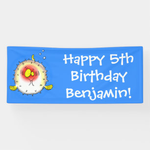 Funny puffer fish porcupine fish cartoon banner