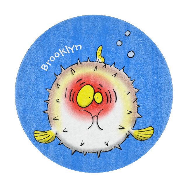 Funny puffer fish porcupine fish cartoon cutting board (Front)