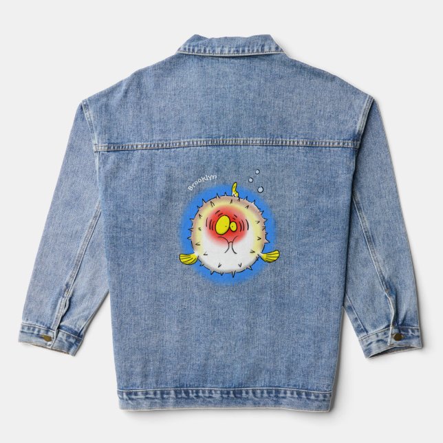 Funny puffer fish porcupine fish cartoon denim jacket (Back)
