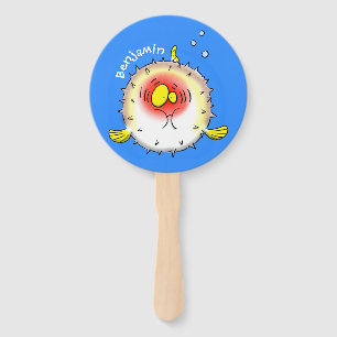 Funny puffer fish porcupine fish cartoon hand fan