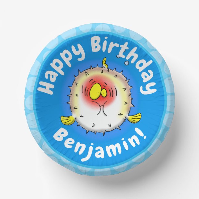 Funny puffer fish porcupine fish cartoon paper plate (Front)