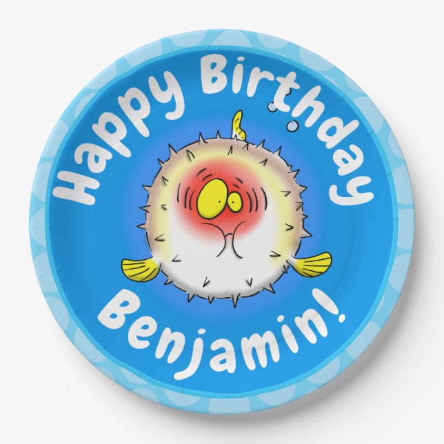 Funny puffer fish porcupine fish cartoon paper plate (Front)