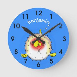 Funny puffer fish porcupine fish cartoon round clock