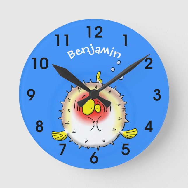 Funny puffer fish porcupine fish cartoon round clock (Front)