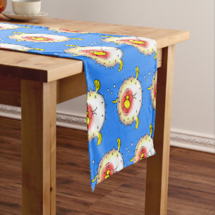 Funny puffer fish porcupine fish cartoon short table runner