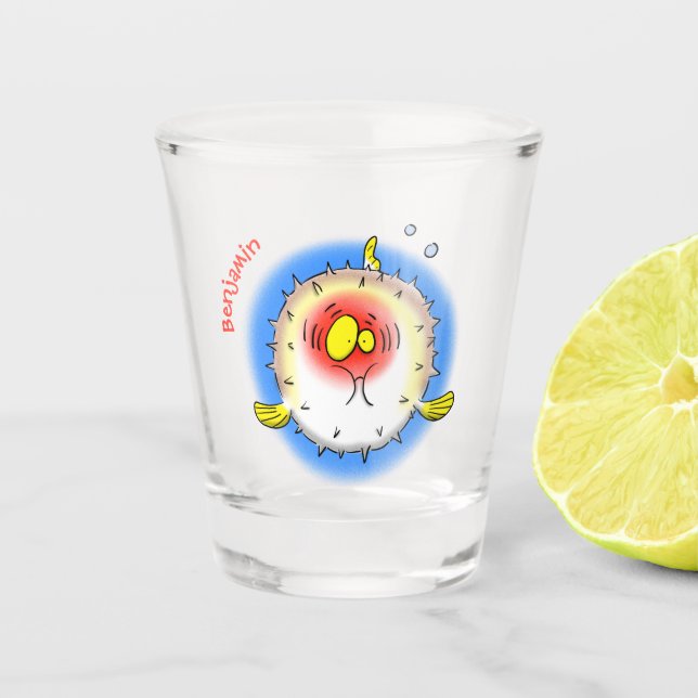 Funny puffer fish porcupine fish cartoon shot glass (Front)