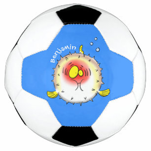 Funny puffer fish porcupine fish cartoon soccer ball