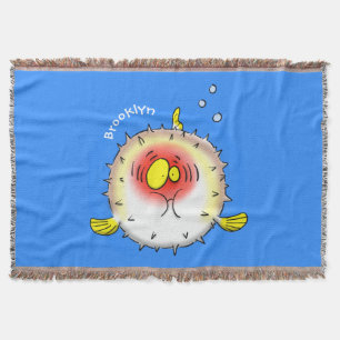 Funny puffer fish porcupine fish cartoon throw blanket