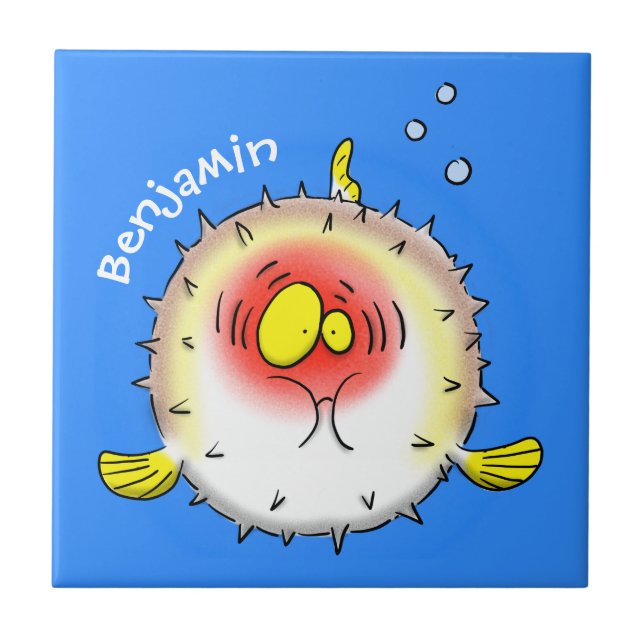 Funny puffer fish porcupine fish cartoon tile (Front)