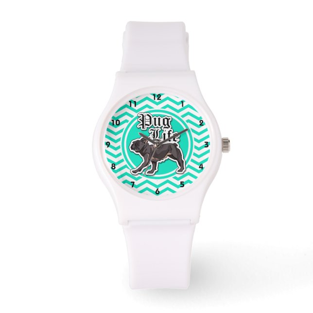 Funny Pug; Aqua Chevron Watch (Front)