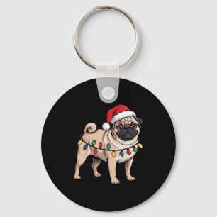 Funny Pug Christmas Santa Hat Xmas Lights Key Ring