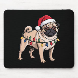 Funny Pug Christmas Santa Hat Xmas Lights Mouse Pad