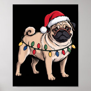 Funny Pug Christmas Santa Hat Xmas Lights  Poster