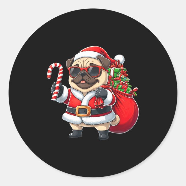 Funny Pug Christmas Santa Outfit Xmas Mom Dad Kids Classic Round Sticker (Front)
