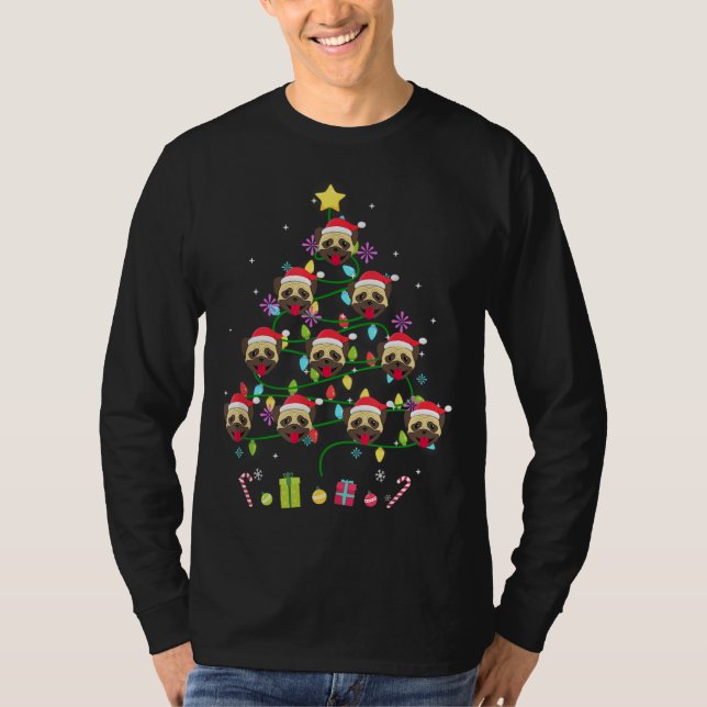 Funny Pug Christmas Tree Colour Led Light T-Shirt (Front)