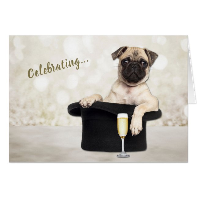 Funny Pug Dog Celebrating Birthday Card (Front Horizontal)