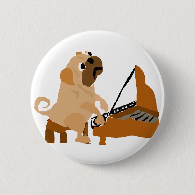 Funny Pug Dog Playing Piano 6 Cm Round Badge (Front)
