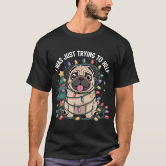 Funny Pug Dog Tangled in Christmas Lights Holiday T-Shirt