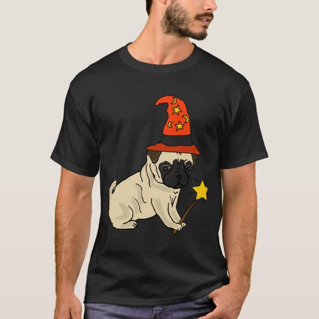 Funny Pug Dog Wizard Halloween T-Shirt (Front)