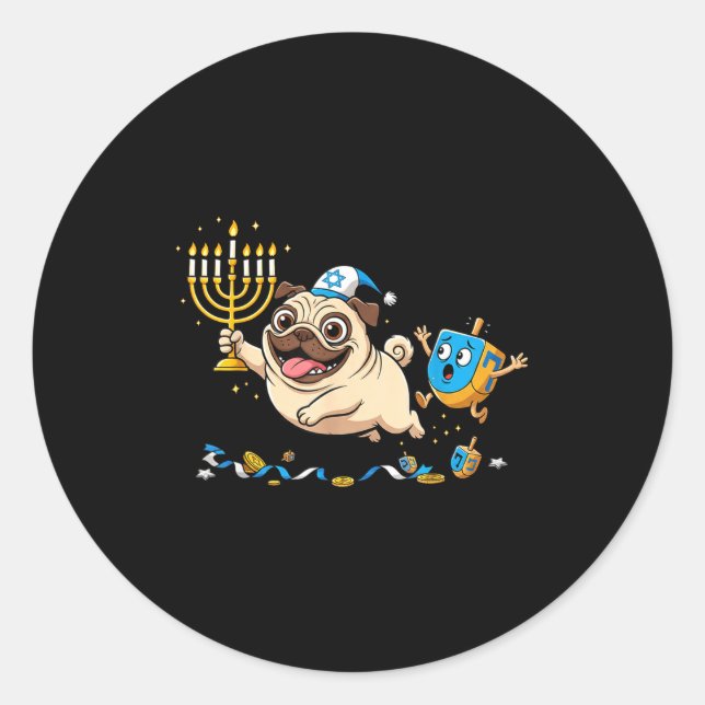 Funny Pug Dreidel Menorah Hanukkah Kids Womens Men Classic Round Sticker (Front)