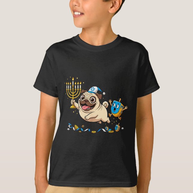 Funny Pug Dreidel Menorah Hanukkah Kids Womens Men T-Shirt (Front)
